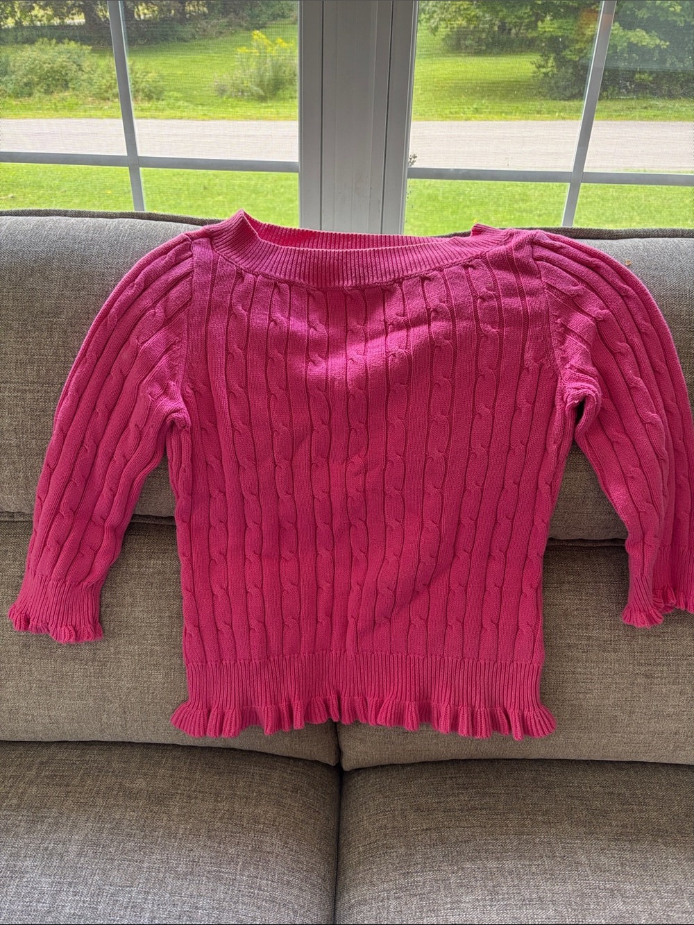 American living, ribbed, hot pink sweater with ruffles at waist and sleeves;M